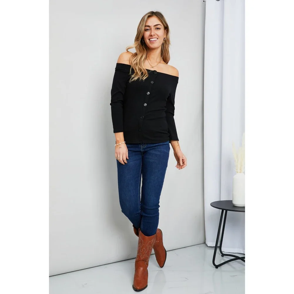 Culture Code Buttoned Off-Shoulder Ribbed Top - Picture 5 of 7